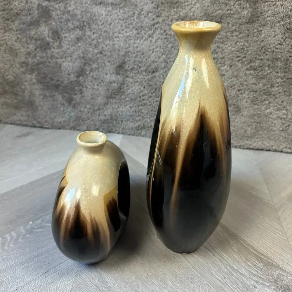 Pair of 2 Vases MCM Mid Century Modern Ceramic Brown Tan Beige Oval Circle